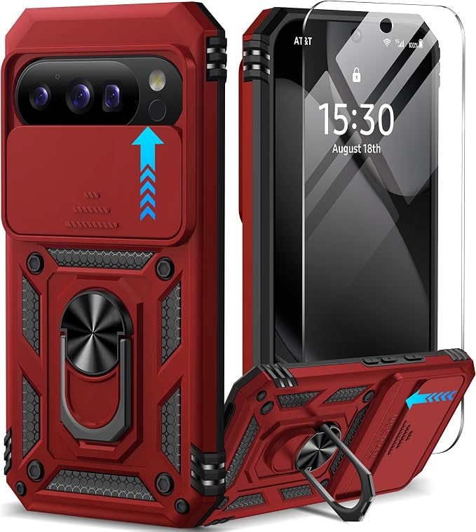 Taisairu for Google Pixel 10 Case/Pixel 10 Pro Case with Screen Protector & Slide Camera Lens Cover,Built-in Ring Stand Protective Phone Case for Pixel 10 Case/Google Pixel 10 Pro Case (Red) by Taisairu