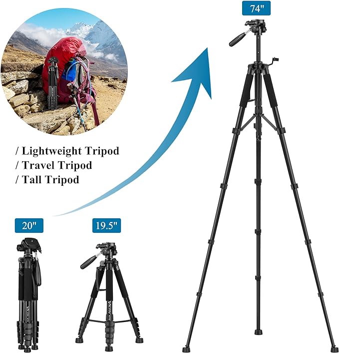 VICTIV 74” Camera Tripod, Tripod for Camera and Phone with Phone Holder | Aluminum Professional Tripod Stand for Canon Nikon with Carry Bag, Compatible with DSLR, iPhone, Spotting Scopes, Gopro - Image 2