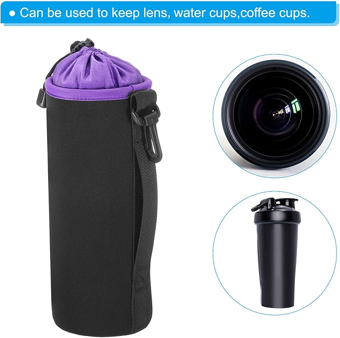 PATIKIL Camera Lens Bag, 2 Pcs 3.7" ID x 9.8" H Cylindrical Drawstring Lens Pouch with Thick Protective Neoprene, Lens Case for DSLR Camera Lens, Water Coffee Cups Black, Purple - Image 6