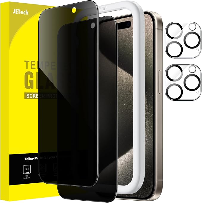 JETech Privacy Screen Protector for iPhone 15 Pro Max, 2+2 Pack | Anti-Spy Tempered Glass, with Camera Lens Protector, Easy Installation Tool by JETech