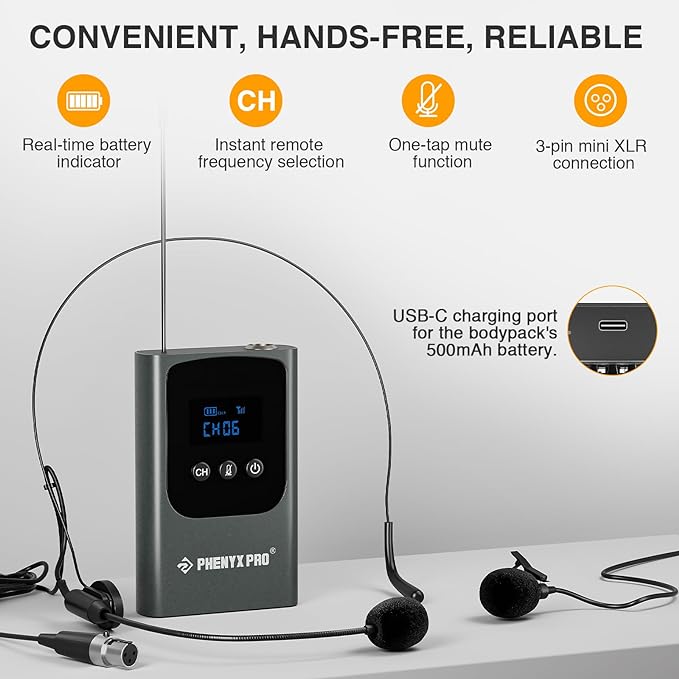 Phenyx Pro Dual Digital Headset/Lapel Wireless Microphone System PDP-2-2B | 2 Bodypack Transmitters, Mini Receiver, 2 x 15 Frequencies, Hands-Free Vocals, Karaoke - Image 4