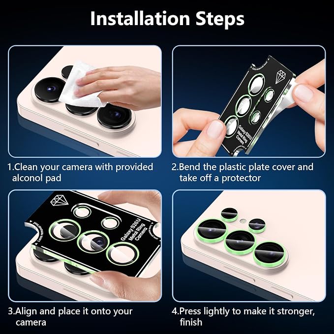 for Samsung Galaxy S26 Ultra Camera Lens Protector, Individual Metal Ring Tempered Glass Lens Cover, [Strong Adsorption] Scratch Resistant Ultra-Thin HD Clear Lens Cover, 1 Set-Green Shine - Image 6