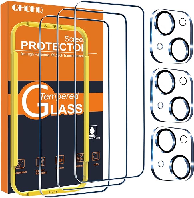 QHOHQ 3 Pack Screen Protector for iPhone 15 [6.1 Inch] with 3 Pack Camera Lens Protector, Tempered Glass Film, HD Clear, 9H Hardness, No Bubbles, Case Friendly by QHOHQ
