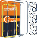 QHOHQ 3 Pack Screen Protector for iPhone 15 [6.1 Inch] with 3 Pack Camera Lens Protector, Tempered Glass Film, HD Clear, 9H Hardness, No Bubbles, Case Friendly by QHOHQ
