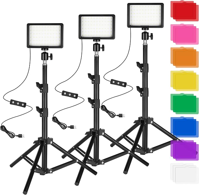LED Photo Video Light 3-Pack,Dimmable 5600K USB LED Continuous Lighting Kit | Photography Lights with Tripods and Color Filters for Photo Studios, YouTube, TikTok, Video Recording, Game Streaming by Ci-Fotto
