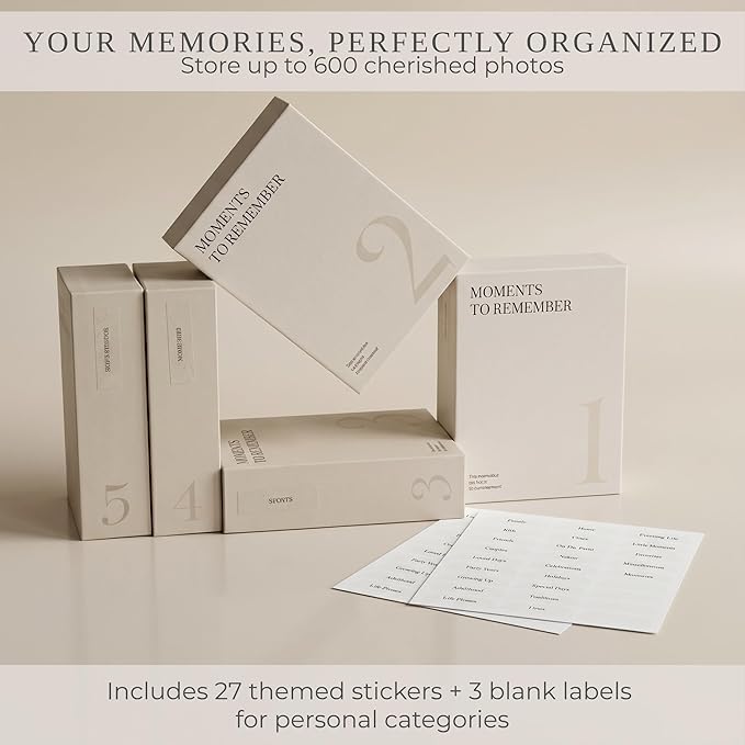 ZICOTO Decorative Photo Storage Box Set of 5 for 4x6 Pictures with Dividers | Sturdy Photo Album Organizer Boxes with Pre-printed Labels Keep Pictures Beautifully Organized on Your Home Decor Shelf - Image 5