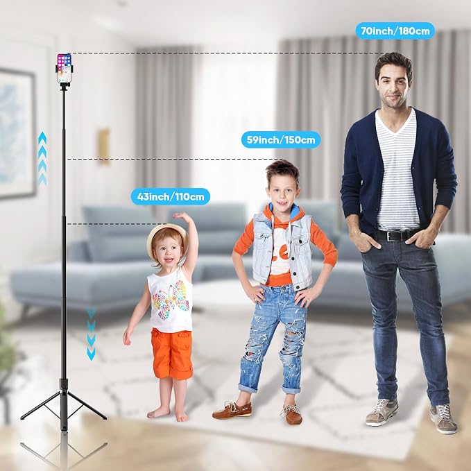 71-Inch Extendable Phone Tripod and Selfie Stick with Wireless Remote, 360° Rotating Holder, Portable Travel Tripod Stand for iPhone, Android and Action Cameras - Image 2