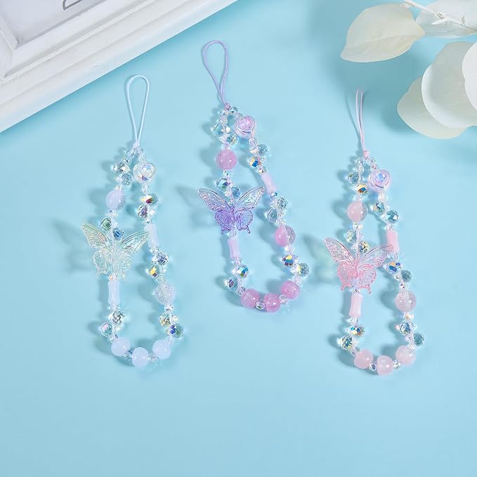 BEEFLYING Beaded Butterfly Phone Charm Wrist Strap for Case, Pink | Sparkling Y2K Cute Cellphone Chain, for Keychain Bag Camera Car Key Pendant - Image 5