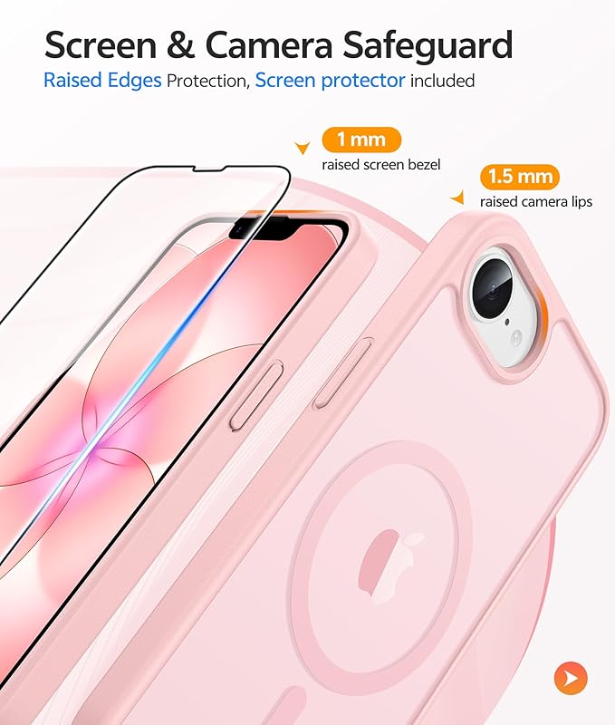 FNTCASE for iPhone 17e/ iPhone 16e Case, Fit for Magsafe, Screen Protector | Translucent Matte Magnetic Back, 14FT Military Grade Drop Protection, Shockproof Protective Phone Cover, Light Pink - Image 4