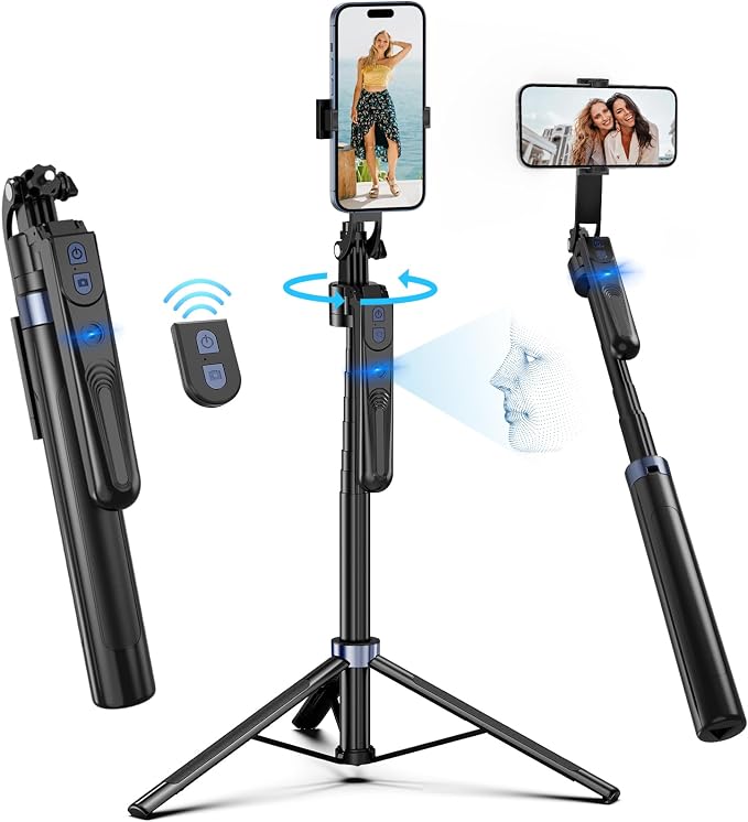 Auto Face Tracking Tripod 360 Rotation with Stand,Android and iPhone Tripod Holder with Remote and Gesture Control, No App,Built-in Tracking Camera Selfie Stick for Vlog Video Recording Tiktok by Zarcaco
