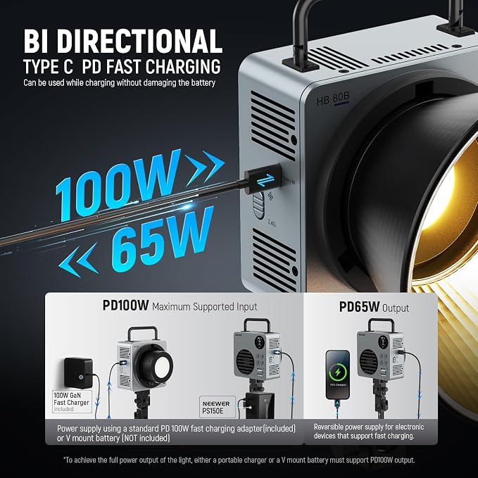 NEEWER 80W LED Video Light with 72Wh Battery & 100W PD Adapter APP/2.4G Control Portable Bi Color Mini COB Studio Continuous Output Lighting 25500lx/1m 2700-6500K 0-100% Dimming CRI95+ 13 Scene, HB80B - Image 4