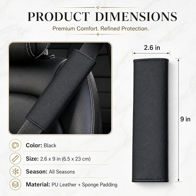2Pcs Black Leather Seat Belt Covers Soft PU Leather Seat Belt Shoulder Pads, Comfortable Protector for Neck & Shoulder Relief, Universal Fit for Cars, Trucks, SUVs & Backpack Straps - Image 2