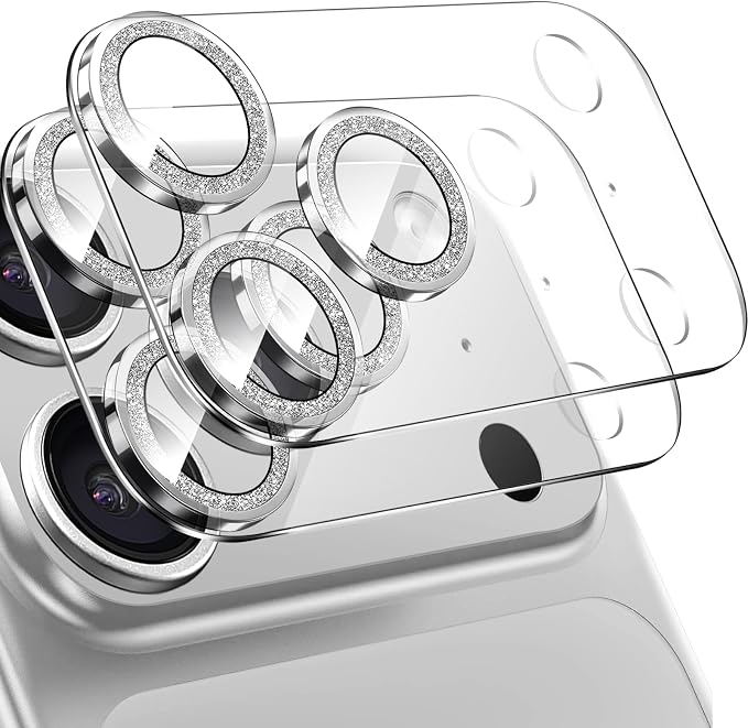 2 Pack for iPhone 17 Pro Max Camera Lens Protector | Bling Tempered Glass 9 Hardness,Anti-Scratch High Definition Camera Screen Protector (Silver) by NECARSIN