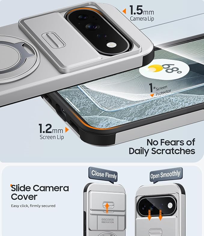 JAME for Google Pixel 10 Pro XL/11 Pro XL Case, Stand & Slide Camera Cover | Ring Holder Kickstand, Screen Protectors, Dual-Layer Shockproof Protective, Magnetic Accessory Friendly Phone Case, Silver - Image 5