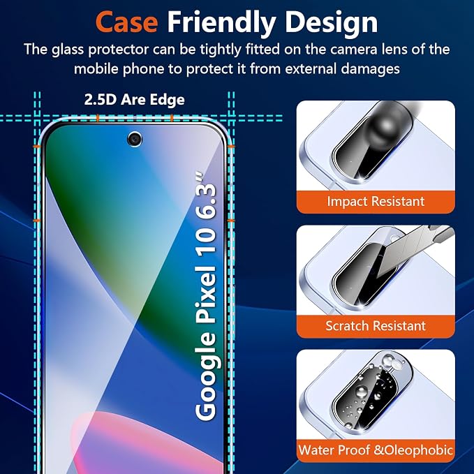 (3+2 Pack) Glass Screen Protector for Google Pixel 10 with Camera Lens Protector,9H Tempered Glass,Fingerprint Unlock,Anti-Scratch,Bubble Free,Case Friendly - Clear - Image 6