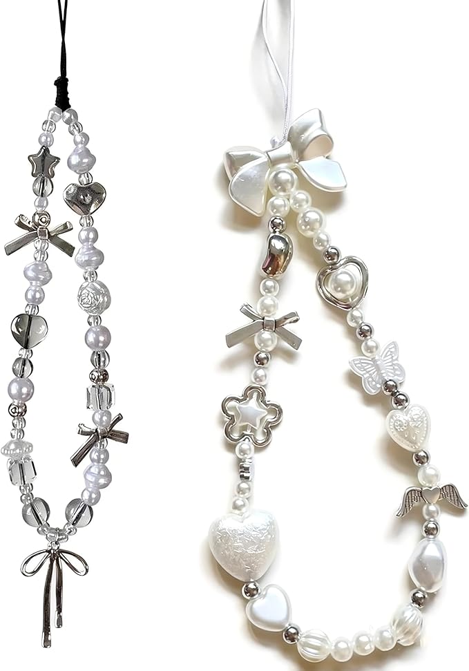 2 Pcs Phone Charm Strap Hand for iPhone Wrist Strap Camera Lanyard Pearl Beaded Cute Chain String Accessories Universal for iPhone 17 Pro 16 15 Samsung Women Girls Keychain Pearl Heart and Butterfly by Casecond