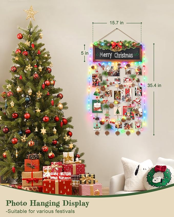 Bikoney Hanging Photo Display with String Lights, Clips & Chalkboard | Rustic Collage Picture Frame for Polaroids, Magnetic Chalkboard, Perfect Dorm Wall Decor & Graduation Gift - Image 2