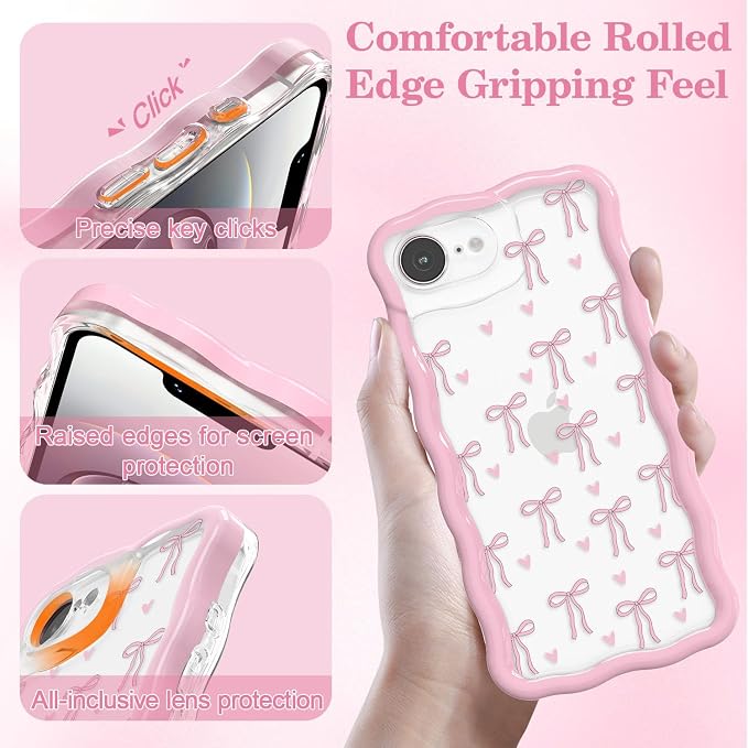 QLTYPRI for iPhone 17e/16e Pink Bow Case, Clear Cute Pink Ribbon Bow Phone Case Curly Wavy Aesthetic Phone Cover, Soft Slim Transparent TPU Shockproof Protective Cover for Women Girls - Love Bow - Image 3