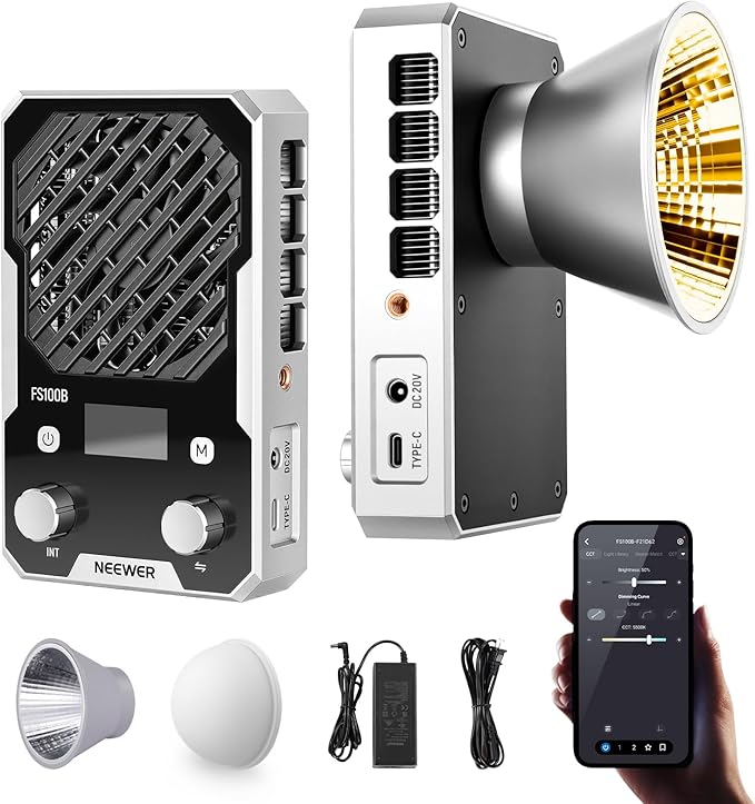 NEEWER 100W Ultra Compact LED Video Light APP/Panel Control, Pocket Size Bi Color COB Continuous Output Lighting with 4 Dimming Curves/2700K-6500K/CRI96+ for Studio Photography Recording, FS100B by Neewer