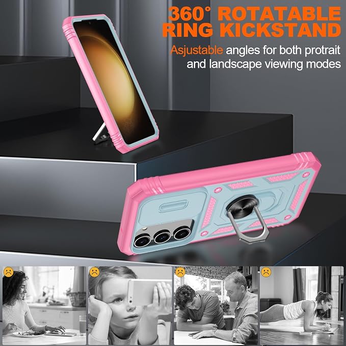 Fit for Samsung Galaxy S23+ Plus Case with Screen Protector*2, Build in 360° Rotating Ring Kickstand, Military Grade Protective Case for Samsung S23 Plus Phone, Green+Pink - Image 8