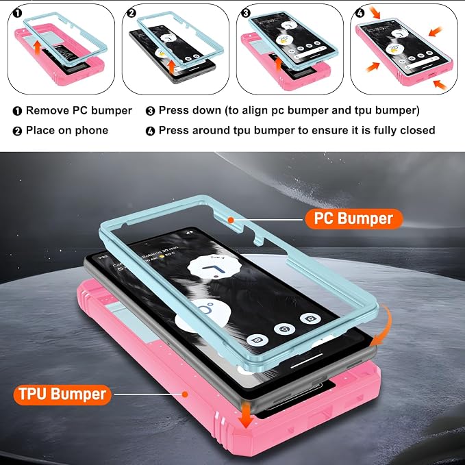 for Google Pixel 7A Case with Slide Camera Cover & Screen Protector*2, Pixel 7A Case Build in 360° Rotating Ring Kickstand, Military Grade Protective Case for Google Pixel 7A Phone Case, Green+Pink - Image 4
