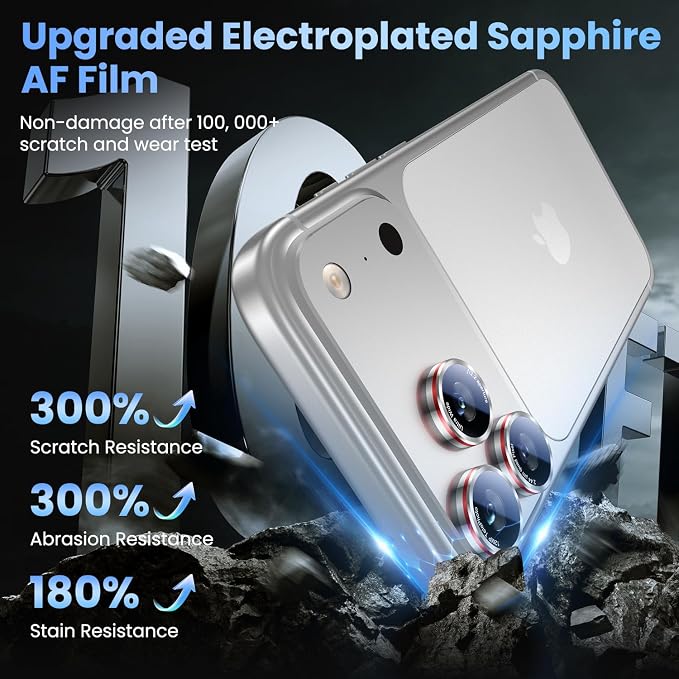 Uyiton for iPhone 17/16/15/14 (Pro Max & Pro) Camera Lens Protector | Unique Lines Text Design, Case-Friendly, Military-Grade Sapphire Glass Metal Camera Cover, Easy to Install, Silver+Red - Image 4