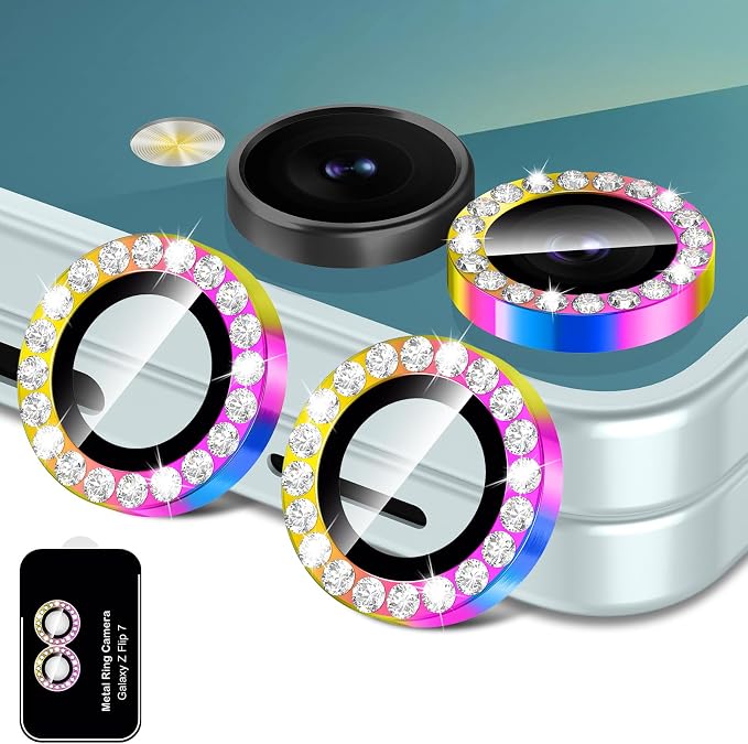 for Samsung Galaxy Z Flip 7 Camera Lens Protector, Individual Metal Ring Tempered Glass Lens Cover, [Strong Adsorption] Scratch Resistant Ultra-Thin HD Clear Lens Cover, 1 Set-Colorful Diamond by Btscase