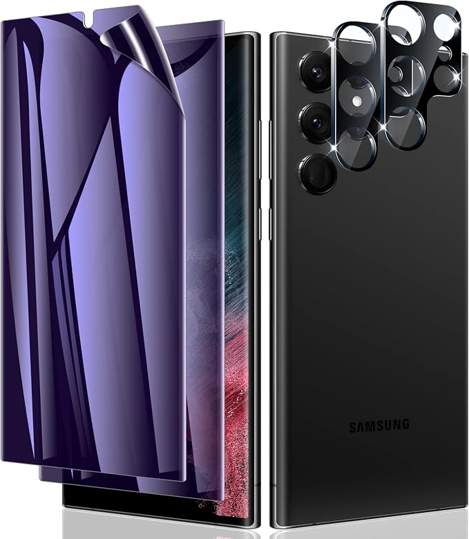 LYWHL [2+2 Pack for Samsung Galaxy S22 Ultra Privacy Screen Protector [Support Fingerprint ID] Anti-Blue Light Eye Protection Anti-Spy Anti-Glare Purple Flexible Film + Camera Lens Glass Protector by LYWHL