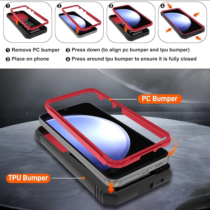 Gritup for Samsung Galaxy S23 FE Case with 2PCS Screen Protector, Build in 360° Rotating Ring Kickstand, Military Grade Protective Case for S23 FE Phone, Red - Image 3