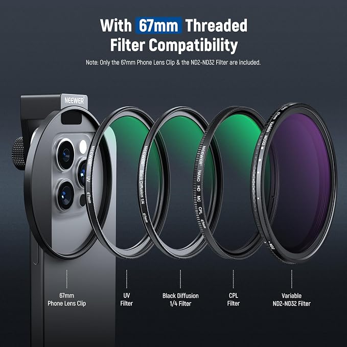 NEEWER 67mm Clip On Variable ND Filter Kit with Cold Shoe Phone Clip, Adjustable ND2-32 Filter Compatible with iPhone 17 16 15 Pro Max Plus Android Samsung Galaxy S24 S25 Ultra - Image 4