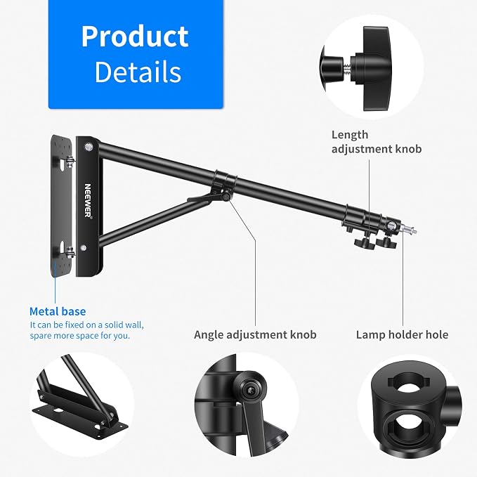 Neewer Wall Mounting Boom Arm with Triangle Base for Photography Studio Video Strobe Light Monolight Softbox Umbrella Reflector, 180 Degree Rotation, Max Length 66.5 inches/169centimeters (Black) - Image 7