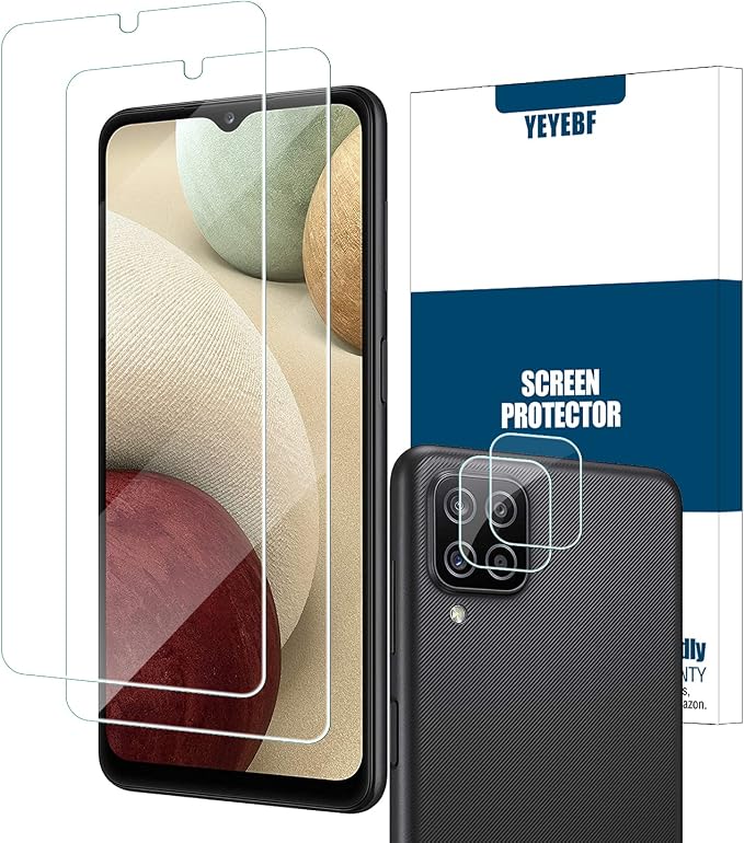 Galaxy A12 HD Clear Tempered Glass Screen Protector + Camera Lens Protectors, [2+2 Pack] [3D Glass] [Bubble-Free] [Anti-Glare] Screen Protector Glass For Samsung Galaxy A12 by YEYEBF