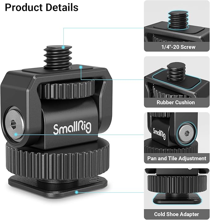 SmallRig Mini Ball Head Cold Shoe Mount Adapter with 1/4"-20 Thread - 3577 | 1/4" Thread to Cold Shoe Adapter, Ball Head for Angle Adjustment, Mounts on Camera/Phone Cage for LED Light - Image 4