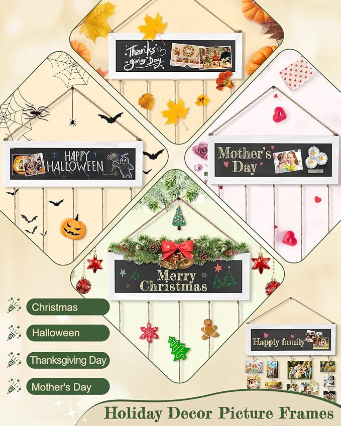 Bikoney Hanging Picture Frame Collage with Blackboard - White | Rustic Wood Polaroid Board with 30 Clips, Photo Display for Wall Decor & Dorm Room, Perfect Graduation Gift Idea - Image 2