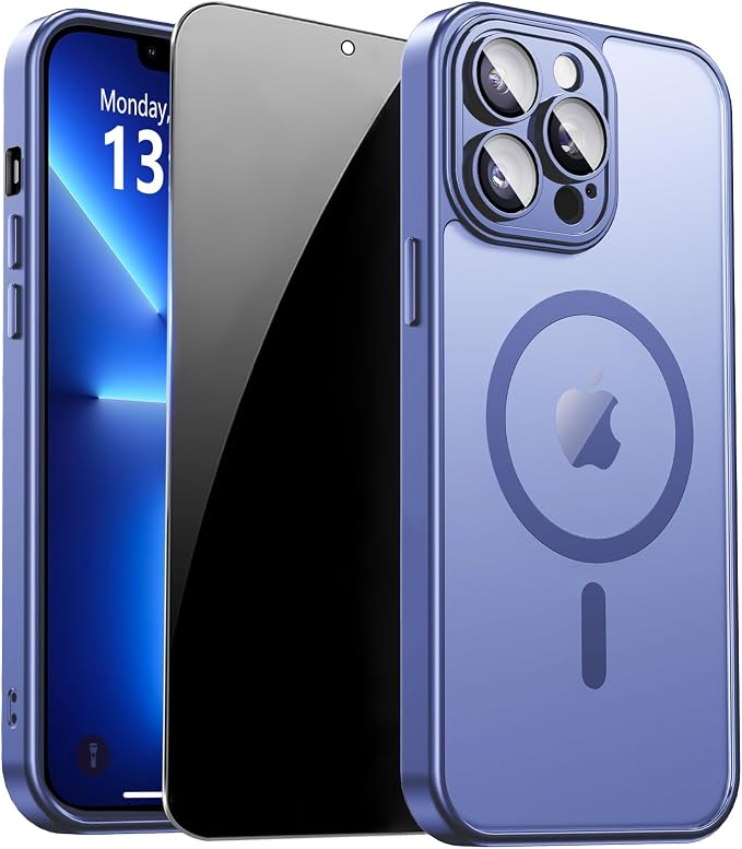 for iPhone 13 Pro Max Case with Privacy Screen Protector,Light Blue | Full Camera Protection, Translucent Matte Magnetic, Compatible with MagSafe, Shockproof Phone Cover, Slim Fit by ZOZDOKG