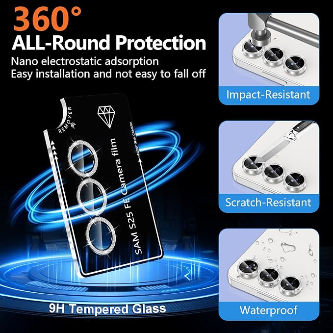 for Samsung Galaxy S25 FE Camera Lens Protector, Individual Metal Ring Tempered Glass Lens Cover, [Strong Adsorption] Scratch Resistant Ultra-Thin HD Clear Lens Cover, 1 Set-Slivery Sparkly - Image 2