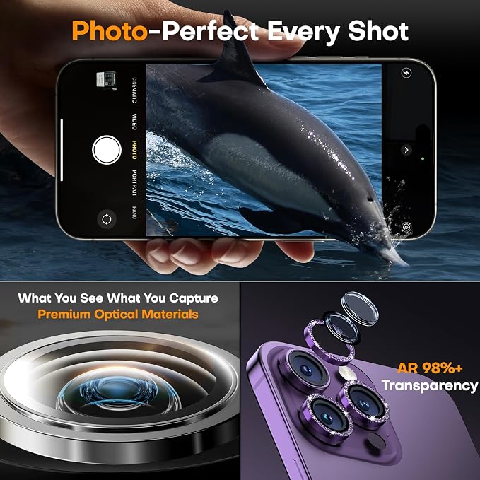 Camera Lens Protector for iPhone 14 Pro Max/14 Pro- Glitter Purple | 9H Tempered Glass, Metal Individual Camera Cover, Accessories, Anti-drop, Case Friendly, HD Clear, Anti-Scratch - Image 4