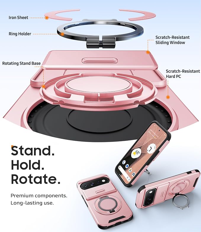 JAME for Google Pixel 10/10 Pro/11/11 Pro Case, Stand & Slide Camera Cover | Ring Holder Kickstand, Screen Protectors, Dual-Layer Shockproof Protective, Magnetic Accessory Friendly Phone Case, Pink - Image 7