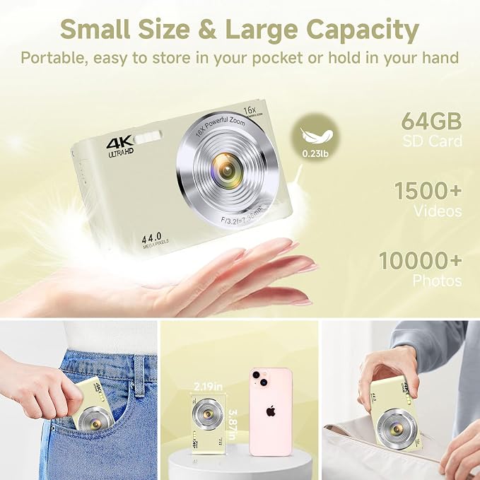 Digital Camera for Teens, 4K 44MP FHD 16x Zoom Point Shoot Camera 64GB Card | Autofocus, Fill Light, Webcam Mode, Continuous Shooting, Time-Lapse, Filters, Easy Operation, Ideal for Beginners Kids - Image 6