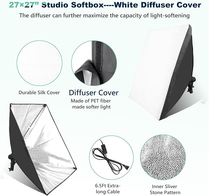 Torjim Softbox Photography Lighting Kit, 2Pcs 27" x 27" Professional Soft Box | 3000K-7500K 85W LED Bulbs with Remote, Photography Continuous Lighting Kit for Studio Lights, Portrait, Video Recording - Image 5