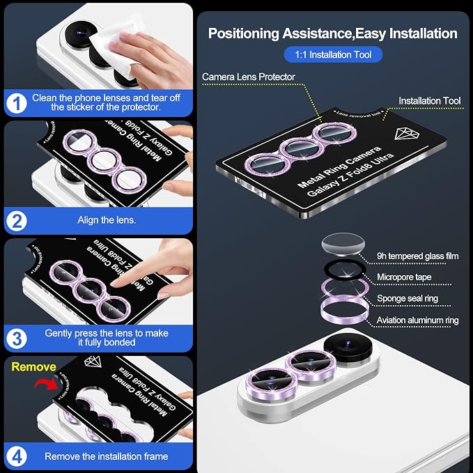 for Samsung Galaxy Z Fold 8 Ultra Camera Lens Protector, Individual Metal Ring Tempered Glass Lens Cover, [Strong Adsorption] Scratch Resistant Ultra-Thin HD Clear Lens Cover, 1 Set-Purple Sparkly - Image 7