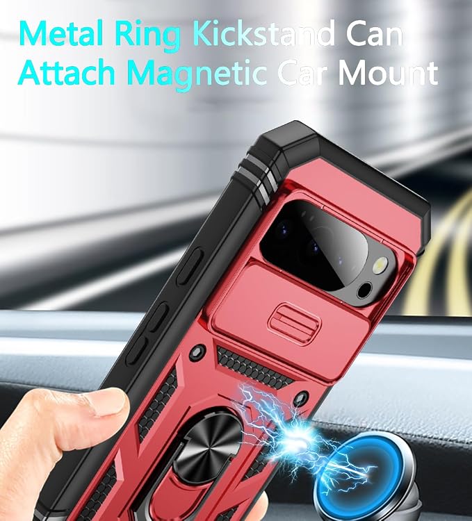 for Google Pixel 10 Pro XL Case, Pixel 9 Pro XL Case, with 3 Pcs Tempered Glass Screen Protector Built in Ring Stand Kickstand + Camera Cover, Hard PC Soft TPU Defender Full Body Protective Cover -Red - Image 4
