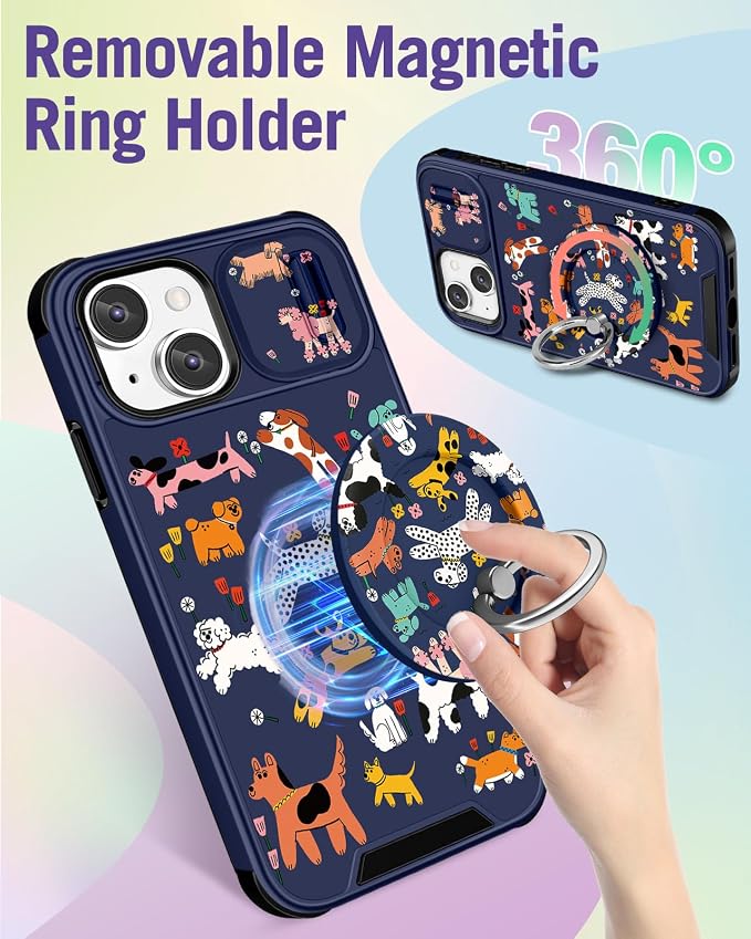 Buleens for iPhone 15 Case 6.1 Inch - with Ring Stand & Camera Cover Aesthetic Cute Designed for Women Girls Cartoon Kawaii Dogs for Phone Case for iPhone 15 Compatible with Magsafe - Image 5