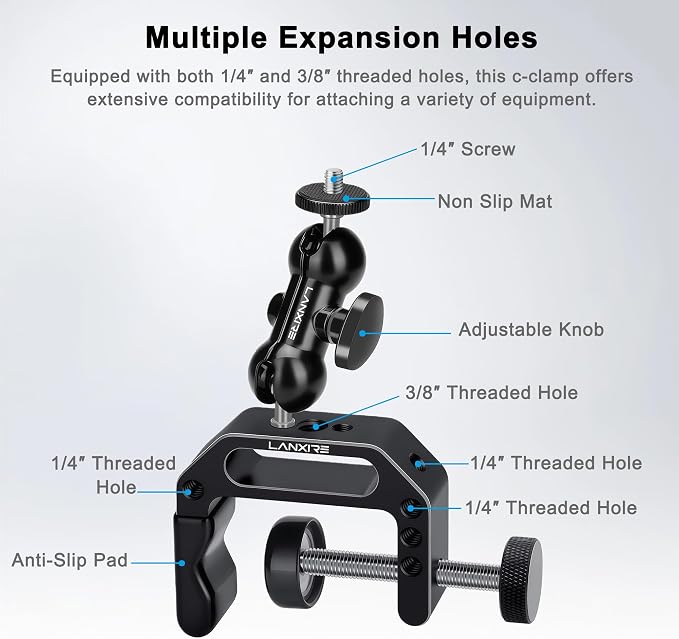 Camera Clamp Mount C Clamp with Magic Arm - Perfect for Fence, Desk, Tripod, Monitor, Light, GoPro, Insta360, DSLR - Essential Tool for Outdoor Projects, Broadcasting, Photography - Image 2