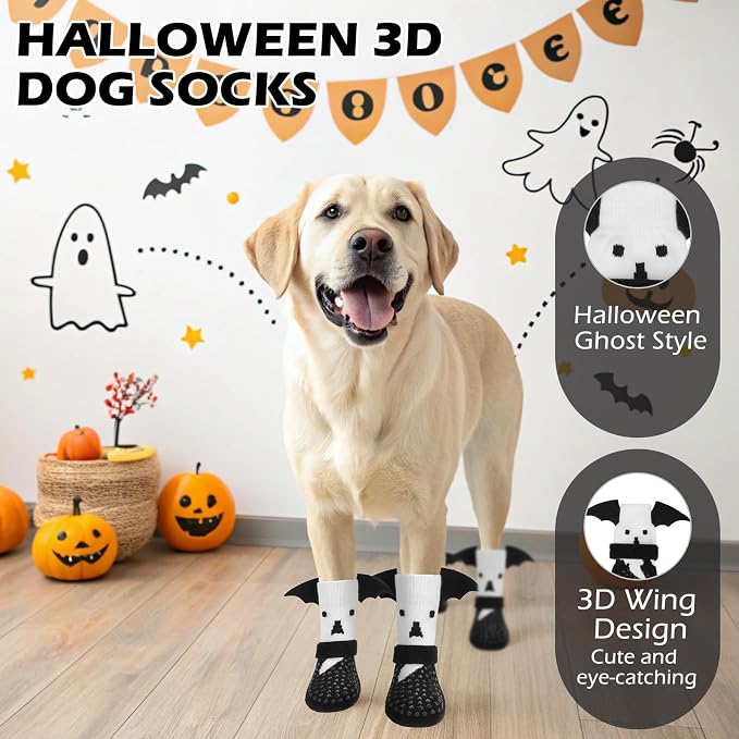 EXPAWLORER Halloween Anti Slip Dog Socks to Prevent Licking Paws, Boots & Paw Protectors with Grippers,Doggie Booties for Hardwood Floors for Small Medium Large Senior Dogs Costume White Ghost Wings L - Image 5