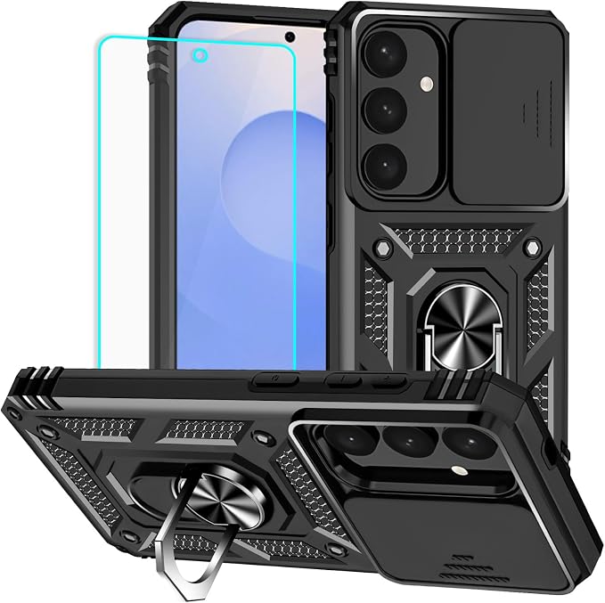 for Galaxy S24 Plus/S25 Plus Case with Screen Protector: [Military Grade 20ft. Drop Tested] Slide Camera Cover Ring Shockproof Protective Phone Case for - Samsung Galaxy S24 Plus/S25 Plus (Black) by HNHYGETE