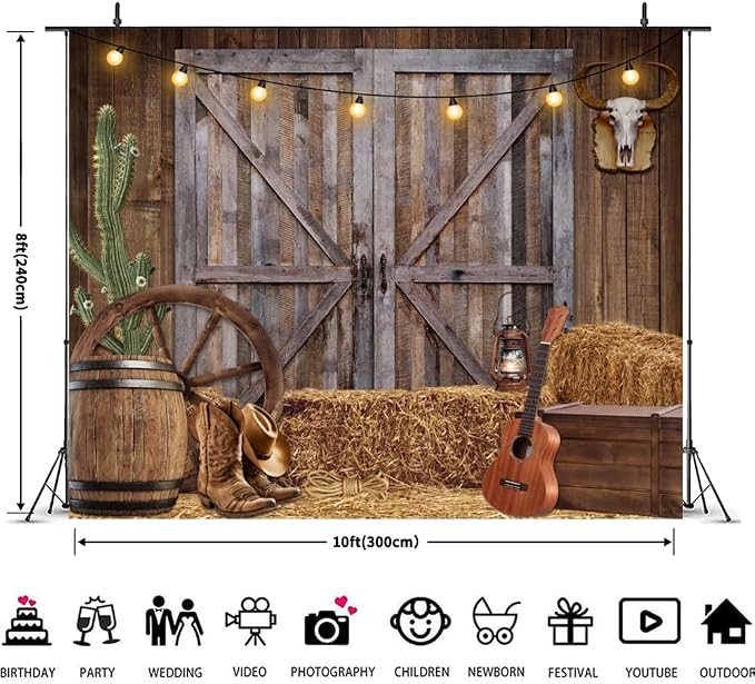 Western Cowboy Backdrop 10x8ft Background | Western Party Decor Wild West Saloon Rodeo Barn Photography Background Cowboy Theme Birthday Party Banner Photoshoot Supplies - Image 2