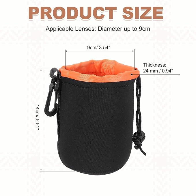 PATIKIL Camera Lens Pouch, 4" ID x 6" H Drawstring Orange Interior Lens Pouch Protective Camera Lens Case Bag Soft Plush Neoprene Bag for DSLR Photography Gear, Black/Orange - Image 2