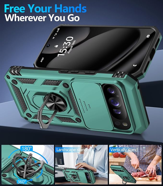 Taisairu for Google Pixel 10 Case/Pixel 10 Pro Case with Screen Protector & Slide Camera Lens Cover,Built-in Ring Stand Protective Phone Case for Pixel 10 Case/Google Pixel 10 Pro Case (Green) - Image 3