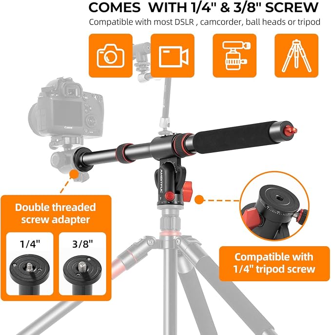 AMBITFUL 42" Tripod Extension Arm Heavy Duty Aluminum Horizontal Boom Arm | 18.9"-42" Adjustable Tripod Boom Arm with Sandbag,360° Rotatable Overhead Photography Arm for Camera, 22lbs Load Capacity - Image 5